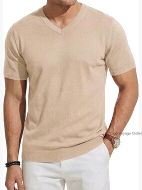 Men's Wool Blend Short Sleeve V-Neck Sweater Soft Textured Knit Pullover